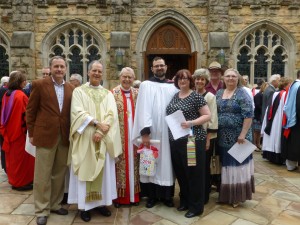 l-r Dennis Lasater, St. Fraqncis, Willow Park; the Rev. John M.McCardell, Jr. vice-chancellor; Rayford High,bishop of Fort Worth; Carl Saxton and Laura Saxton; and Sharon Lasater, Louis Eichenberger and Cynthia Eichenberger, all of St. Frances, Willow Park.